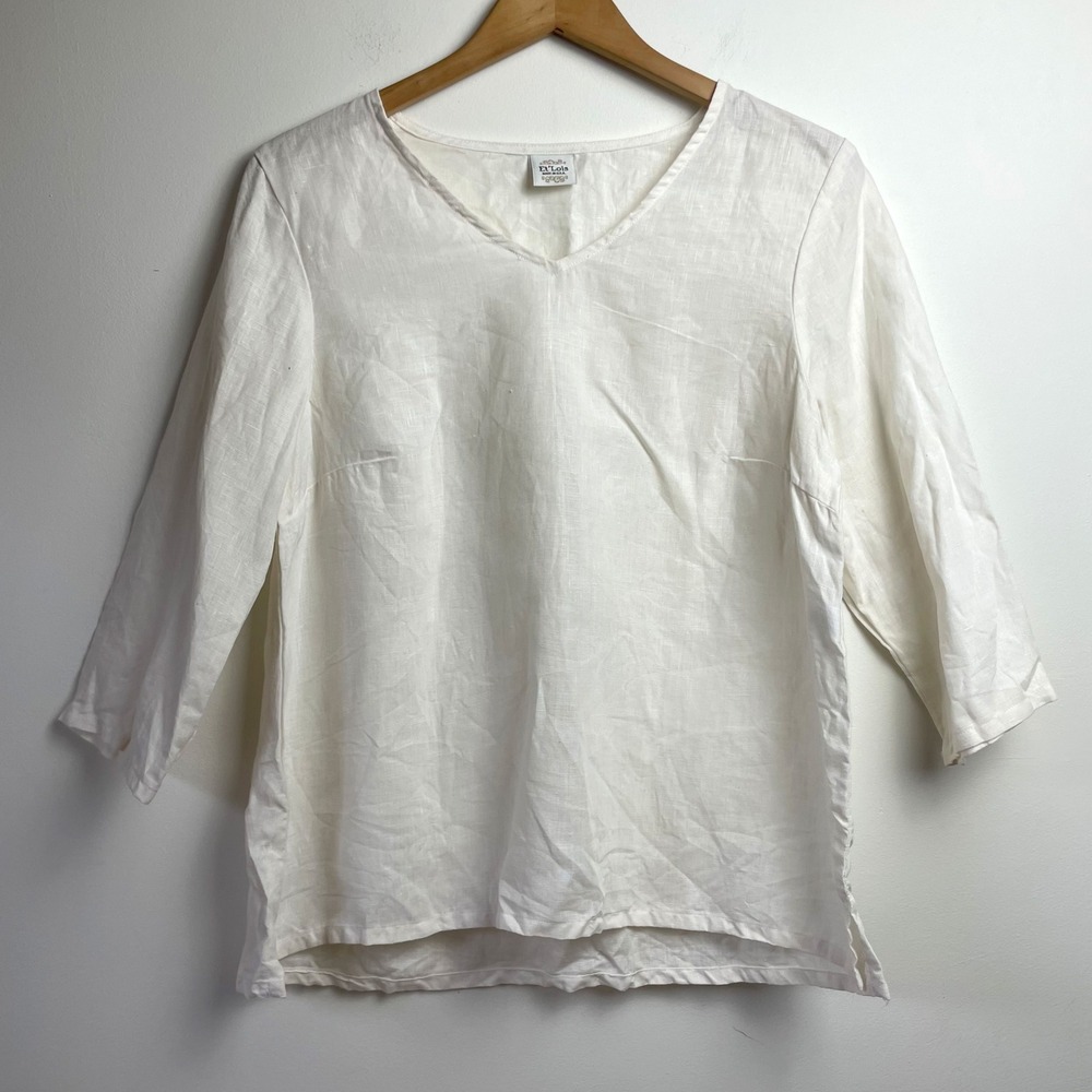 Et'Lois White Linen V-Neck Top Sz XS Minimalist Quiet Luxury Coastal Grandmother